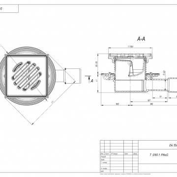 Трап регулируемый T 090.1 PNsG 150x150 горизонтальный выпуск DN40/50 с незамерзающим сифоном, решетка чугунная, чугунный подрамник