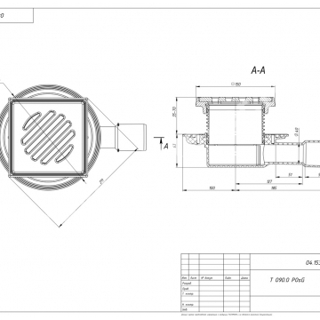 Трап регулируемый T 090.0 POsG 150x150 горизонтальный выпуск DN40/50 без гидрозатвора, решетка чугунная, чугунный подрамник