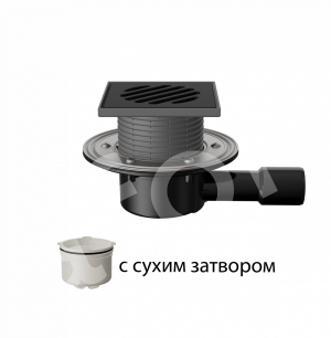 Трап регулируемый Т 090.0 PHsB 150x150 горизонтальный выпуск DN40/50 с "мокрым" сифоном, решетка чугунная, пластиковый подрамник
